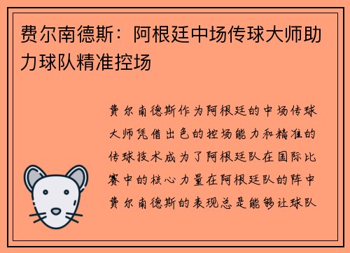 费尔南德斯：阿根廷中场传球大师助力球队精准控场